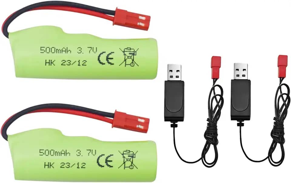 Fytoo 2 peças 3,7 V 500 mAh bateria de íon de lítio com 2 cabos de carregamento USB para Huina 1337 1338 1516 1517 RC veículo de engenharia RC controle remoto bateria de carro de brinquedo