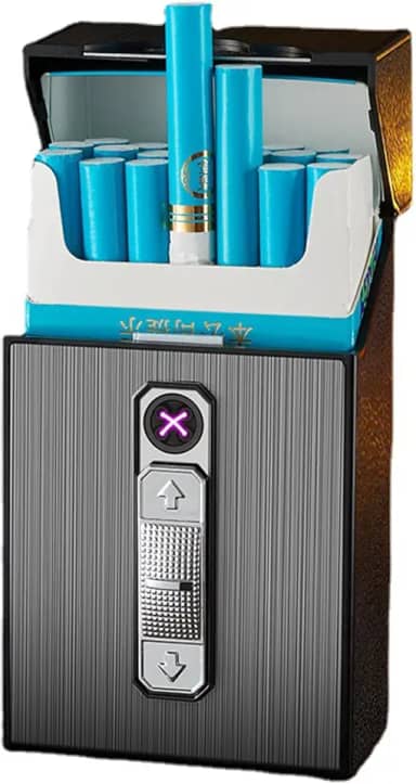 Estojo para Cigarros com Isqueiro de Arco Duplo Usb Recarregável, Suporte para Caixa de Cigarros, Tamanho King, Pacote Portátil, Comporta 20 Cigarros de Tamanho Normal (Preto)