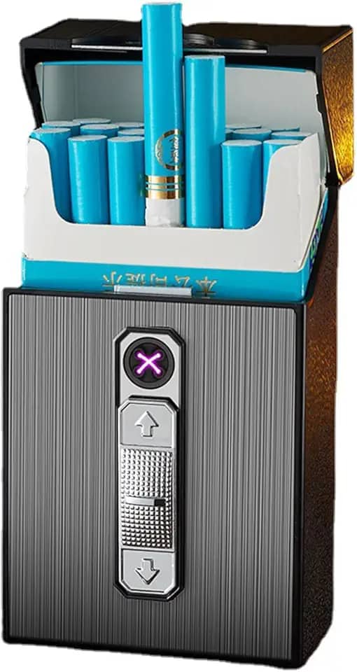 Estojo para Cigarros com Isqueiro de Arco Duplo Usb Recarregável, Suporte para Caixa de Cigarros, Tamanho King, Pacote Portátil, Comporta 20 Cigarros de Tamanho Normal (Preto)