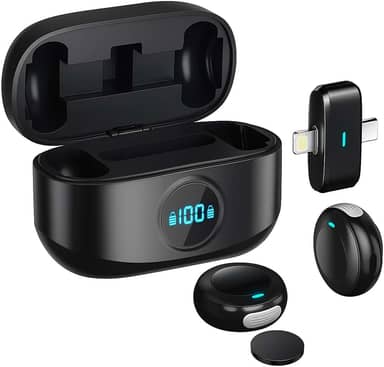 Microfone Lapela Sem Fio para iPhone e iPad (IOS) Lightning e Android USB-C – Kit Duplo Plug & Play com Case Carregador – Som Profissional para Podcasts e Transmissões ao Vivo