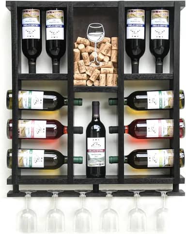 Adega de Parede em Madeira Maciça para 11 garrafas de Vinho com Porta Rolhas e Taças - Nogueira