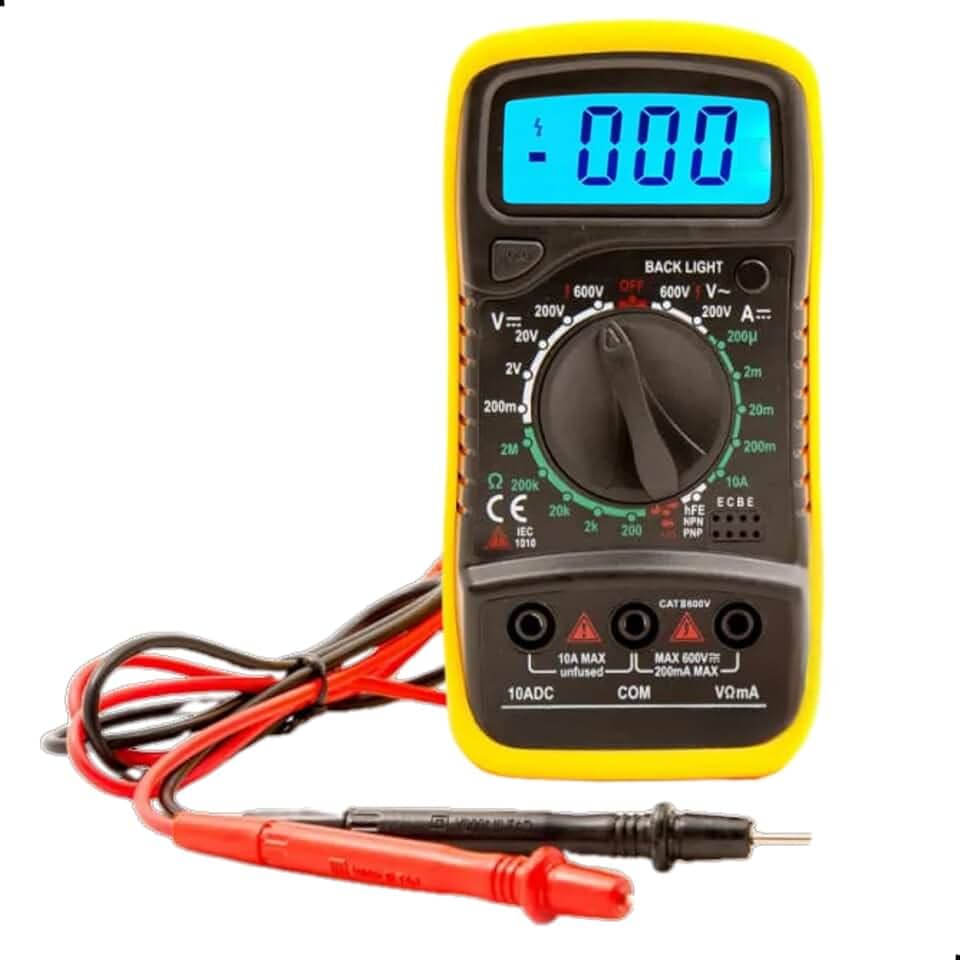 Multímetro Digital Profissional com Display Iluminado, Função HOLD, Mede AC/DC, hFE, Resistência e Continuidade – CAT II 1000V com Bateria Inclusa