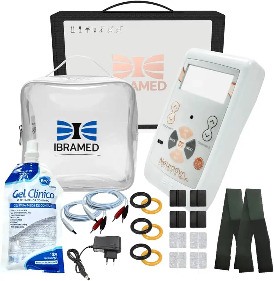 Neurodyn Portátil Ibramed TENS – Aparelho de Eletroestimulação Analgésica | 2 Canais Bivolt Recarregável + Kit Completo com Gel, Eletrodos, Faixa e Bolsa)