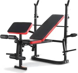 Banco De Supino Ajustável Para Academia Com Extensor Pernas E Apoio Bíceps JustGoFit Preto Vermelho