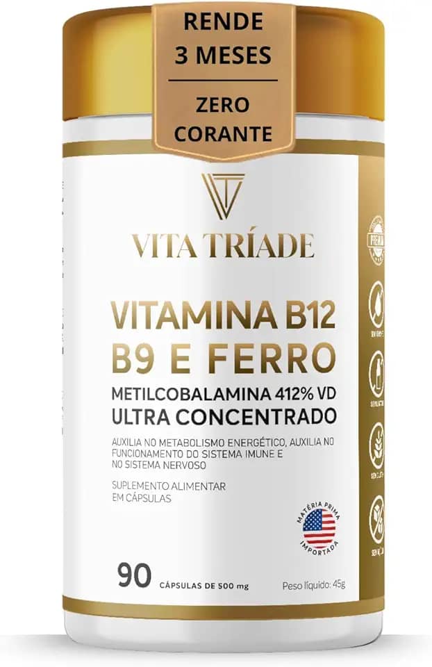 Vitamina b12 Metilcobalamina 412% 9,9mcg + Acido Fólico 150% + ferro 100% - 90 Cáps - Vita Tríade
