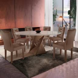 Mesa Tampo Redondo Plus Vidro 120cmx120cm 6 Cadeiras Barcelona Chocolate/off White/suede Animale