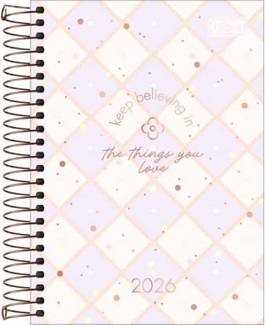 Tilibra - Agenda Espiral Diária 12,9 x 18,7 cm Soho 2026 - Fundo Xadrez Lilás