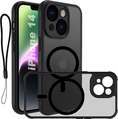 USTIYA Magnética Capa para iPhone 14 6,1 polegadas Case Matte Acrílico Uso Resistente Protetora de Câmera Capinha Acessórios para Celular com Cordão Preto FGCX
