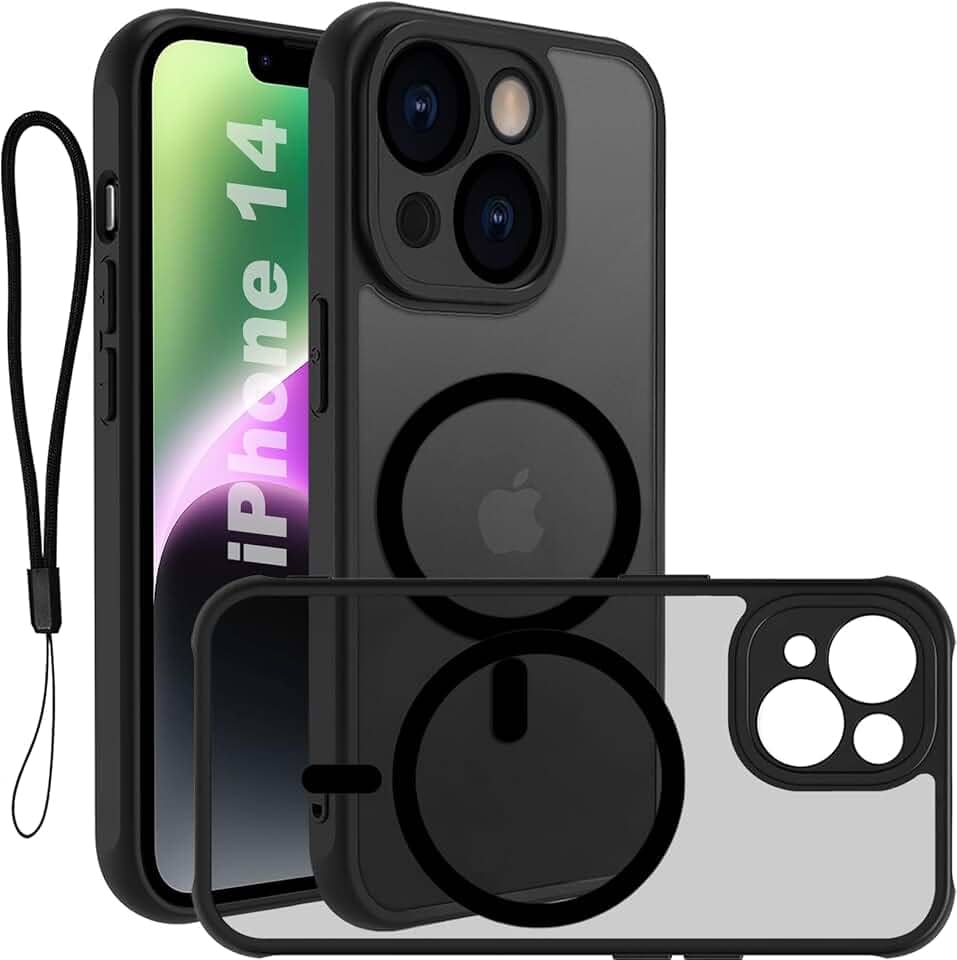 USTIYA Magnética Capa para iPhone 14 6,1 polegadas Case Matte Acrílico Uso Resistente Protetora de Câmera Capinha Acessórios para Celular com Cordão Preto FGCX