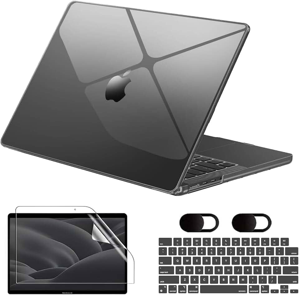 Capa para Macbook New Air 13,6'' A2681 (M2) 2022/A3113(M3) 2024/A3240(M4) 2025, Com Película de Teclado e Película de Tela Hidrogel, Película de Privacidade para Lente (Transparente Preto)