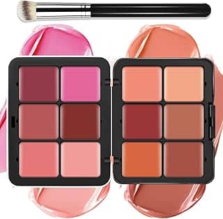 LSxia Paleta de maquiagem creme [blush] de 12 cores para bochechas – Kit de paleta de maquiagem de blush tudo em um com pincel, fosco natural de longa duração, paleta de maquiagem facial à prova