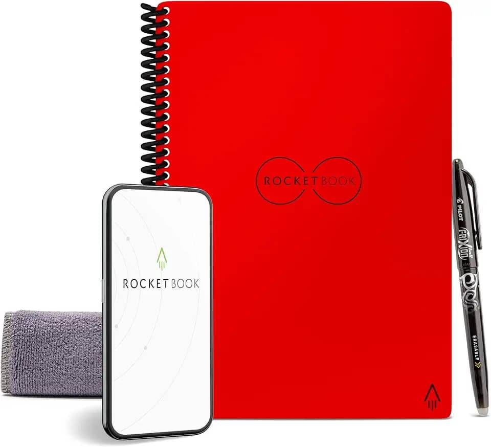 Caderno reutilizável inteligente Rocketbook Dot-Grid com 1 caneta Pilot Frixion e 1 pano de microfibra incluído – Capa Atomic Red, tamanho executivo (15 x 22 cm)
