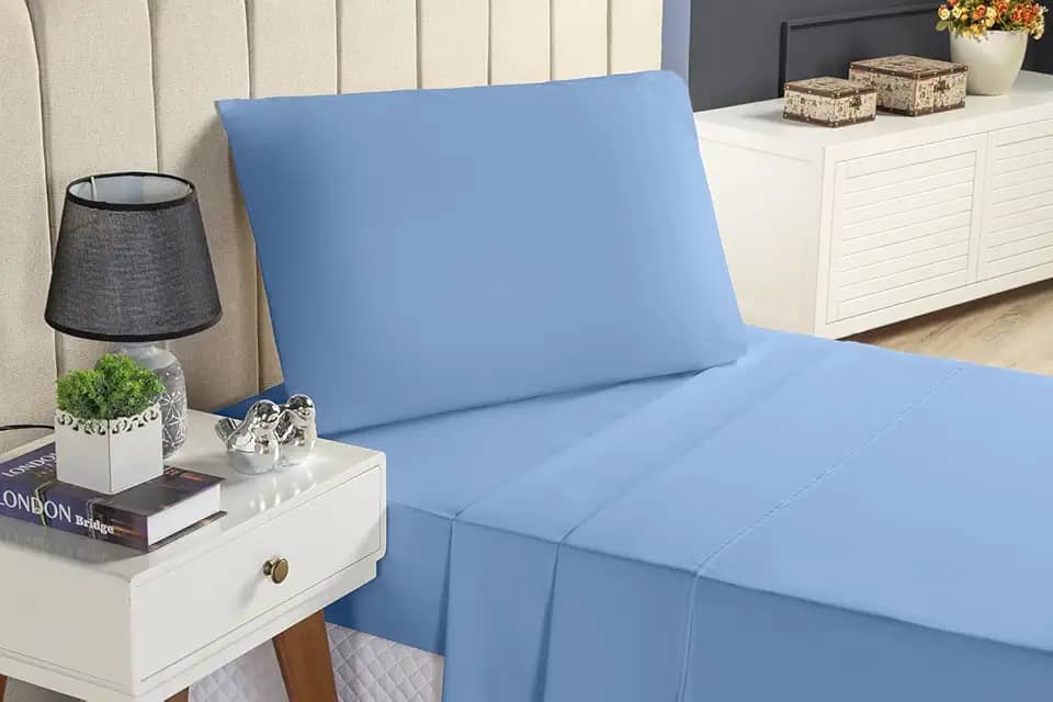 Anne House - Conjunto de Roupas de Cama 3 Peças - Jogo de Lençol 100% Algodão 200 Fios - Lençol com Elástico - Lençol de Cima - Fronha - Azul - Tamanho Queen