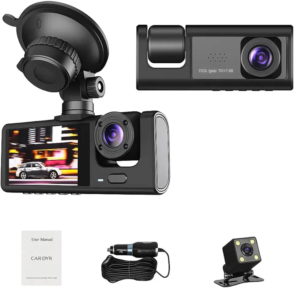 Câmera Veicular Full HD 1080p com 3 Câmeras (Frontal+Interna+Traseira) | LCD 4' | Visão Noturna, Sensor de Colisão, Detecção de Movimento, Estacionamento e Suporte Micro SD