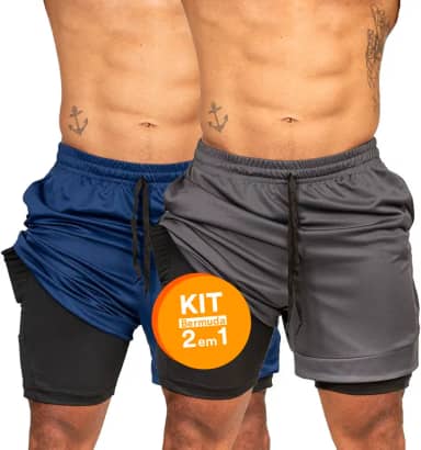 Kit 2 Shorts Duplo Masculino 2 em 1 Bermuda Dry Fit Treino Calção com Bolso Celular Academia Fitness Musculação CLICK MAGAZINE