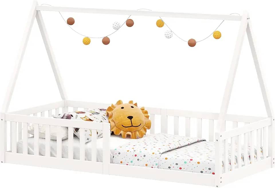IDIMEX Cama Infantil Madeira Branco Grade Montessori Casinha de Chão Nicolas