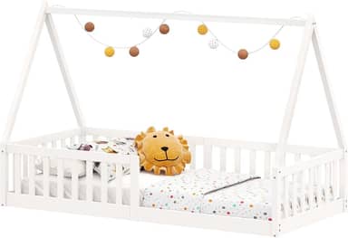 IDIMEX Cama Infantil Madeira Branco Grade Montessori Casinha de Chão Nicolas