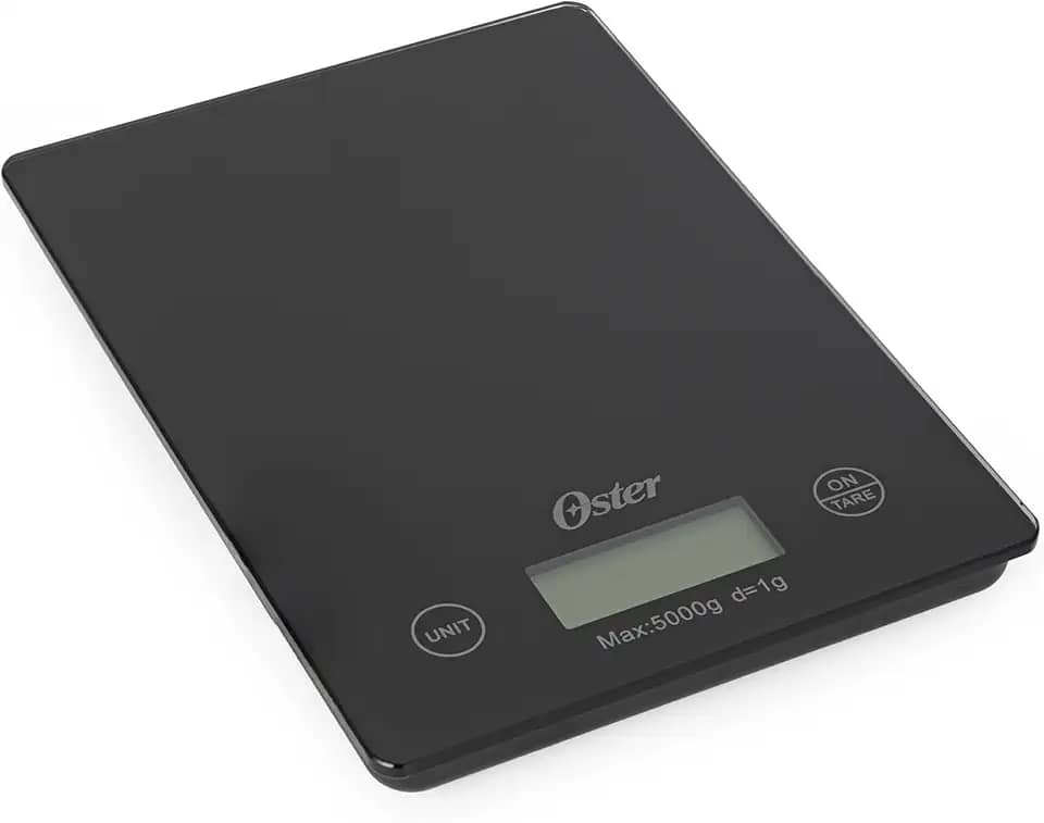 BALANÇA DE COZINHA DIGITAL DE MESA PARA USO DOMÉSTICO WESTMAN - TAMPO EM VIDRO, DISPLAY MONTADO NO CORPO DA BALANÇA E CAPAXIDADE MÁXIMA DE 5000 GRAMAS - 21,5cm x 15,4cm x 2,6cm - OSTER