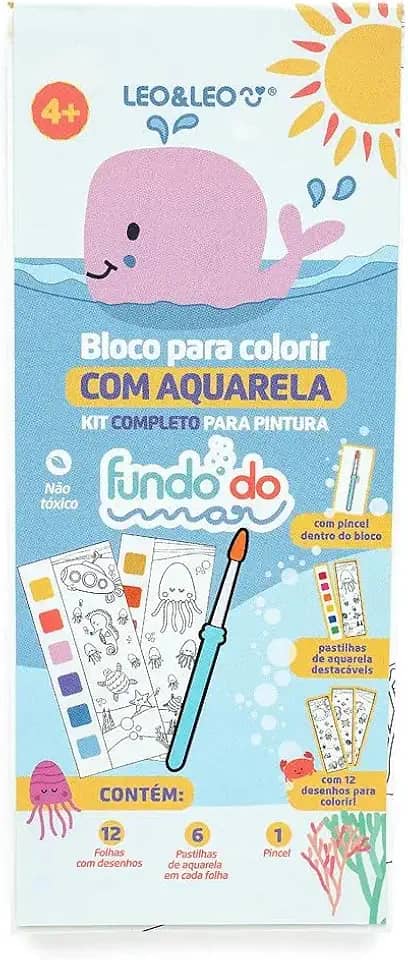 BLOCO PARA COLORIR COM AQUARELA FUNDO DO MAR - OPPBAG C/ 1 UND 12 FOLHAS C/6 PASTILHAS DE AQUARELA CADA + PINCEL - LEO&LEO