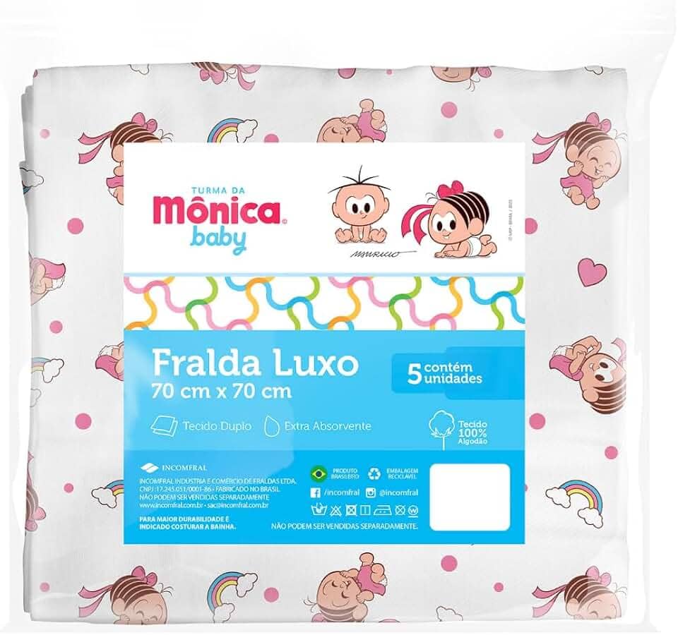 Fralda Pano Luxo Estampada Turma da Monica 5 um 70cmx70cm (Rosa)