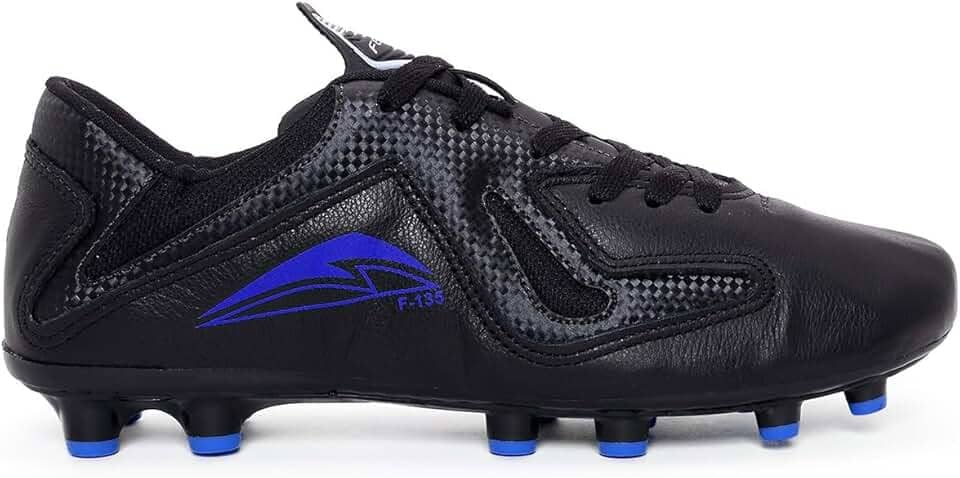 Chuteira Couro Legitimo Campo Gramado Travas Preto Azul Royal Solado Colado Costurado