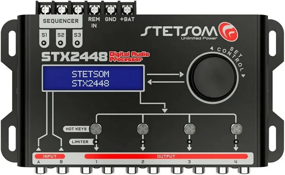 Processador de Audio Digital Stetsom STX2448 Equalizador Crossover 2 Canais 4 Vias Som Automotivo