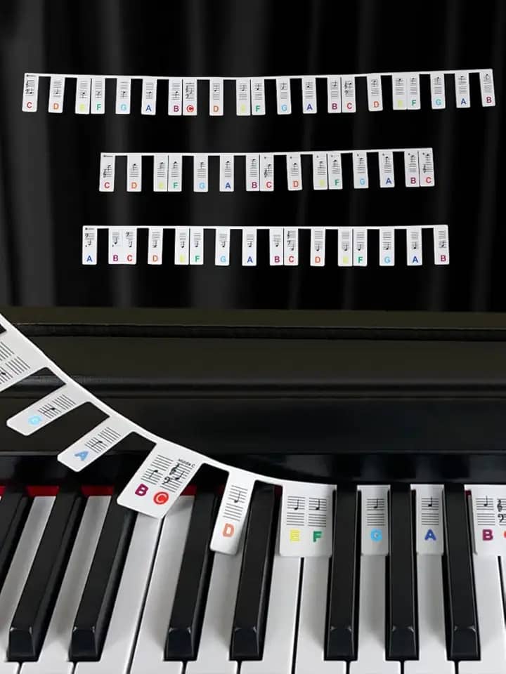 Etiquetas de notas de teclado de piano, guia de adesivos de teclado de piano de silicone para iniciantes, tamanho completo de 88 teclas, sem necessidade de adesivos, reutilizáveis (coloridos)