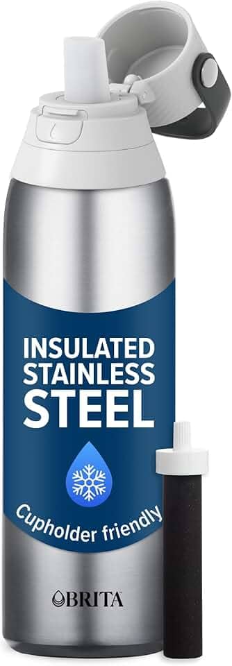 Brita Garrafa de água filtrada isolada com canudo, reutilizável, e enchimento de meia para homens e mulheres, metal de aço inoxidável, 590 ml