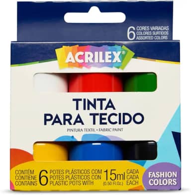 Tinta para Tecido Conjunto de 6 Cores, Acrilex, 041060000, Multicor