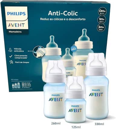 Kit Triplo Mamadeira Anti-Colic Philips Avent 125ml + 260ml + 330ml Azul