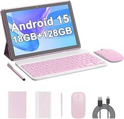 Tablet Android 15, 10 polegadas 18 GB RAM 128 GB ROM, tablet processador quad-core 2,0 GHz, tela sensível ao toque 1280 x 800 IPS, 2,4 G/5G WiFi, tablets 2 em 1 com teclado, capa, mouse, caneta
