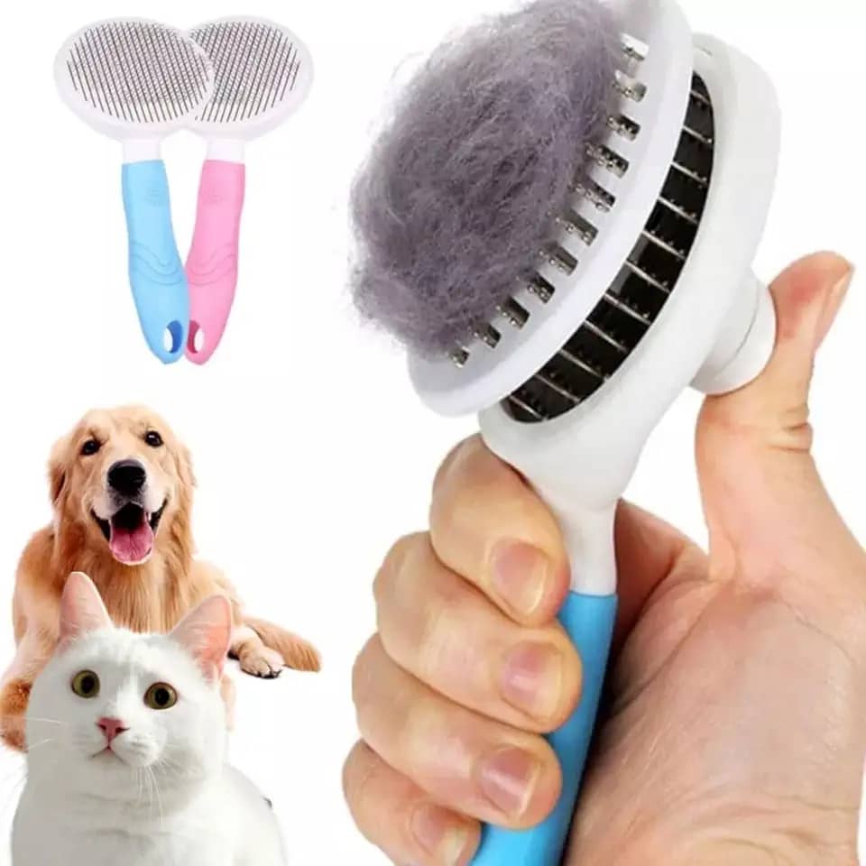Escova Rasqueadora Pet Tira Pelos Cachorro Gato Cão com Cerdas de Aço Flexíveis e Cabo Ergonômico Escovas Limpeza Autolimpantes para Queda e Cuidados dos Pelos de Pelagem Média a Longa, Remove Nós e Pelos Soltos com Suavidade (Azul)