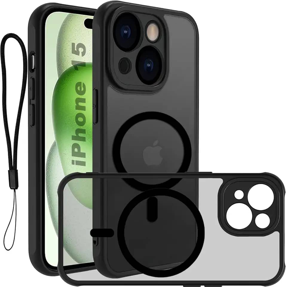 USTIYA Magnética Capa para iPhone 15 6,1 polegadas Case Matte Acrílico Uso Resistente Protetora de Câmera Capinha Acessórios para Celular com Cordão Preto FGCX
