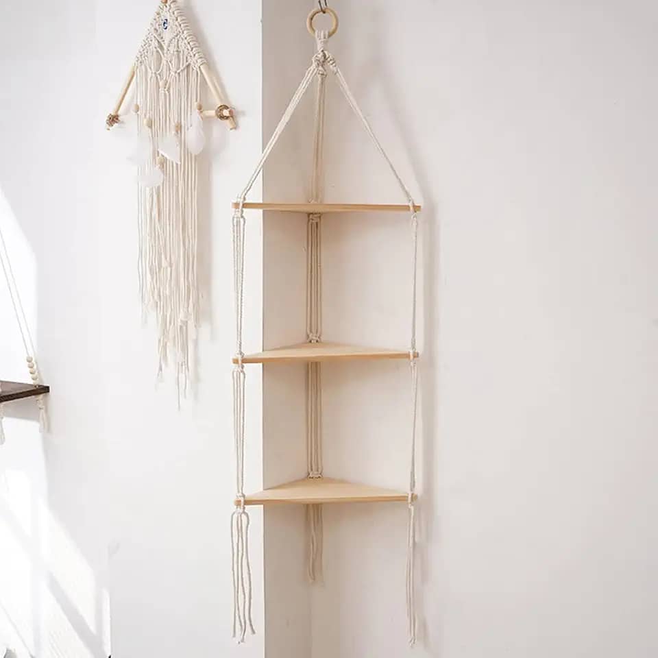 Prateleira suspensa com madeira natural, prateleira de corda de 3 camadas | Decoração de parede Boho feita à mão para exibição flutuante, ideal para plantas, fotos e armazenamento no banheiro
