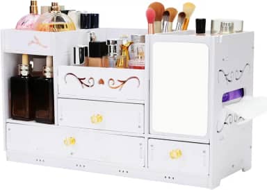 Organizador de maquiagem de madeira para penteadeira – Organizador de bancada branco grande com espelho, 3 gavetas e porta-pincéis | Organizador de mesa de armazenamento de cosméticos e