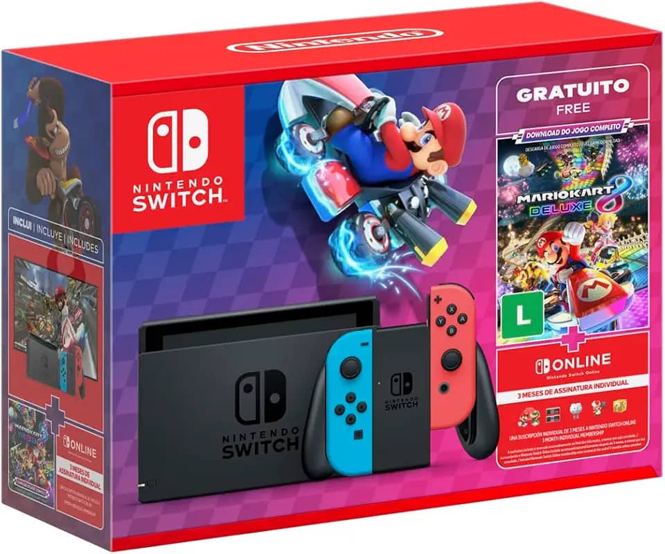 Nintendo, Console + Jogo, Switch Azul e Vermelho, Jogo Digital Mario Kart 8 Deluxe, 3 Meses de Assinatura Nintendo Switch Online