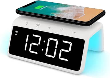 Relógio Digital Despertador com Carregador por Indução 15W, Abajur LED RGB, Display LED, Compatível com iPhone e Samsung, USB-C, (Branco)