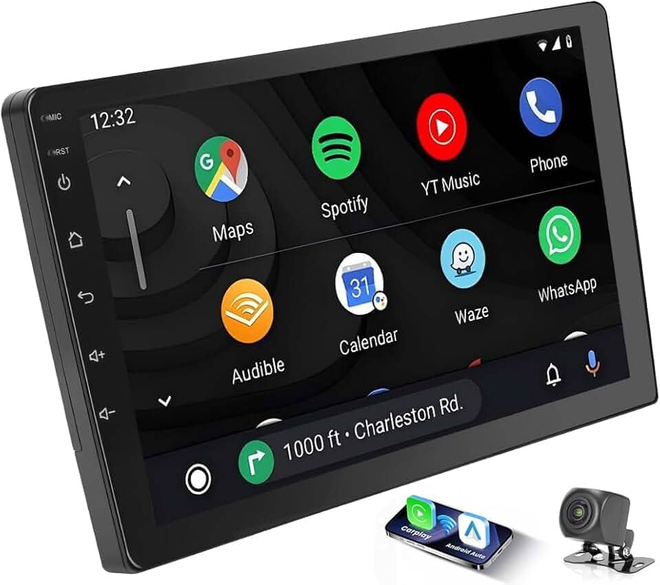 Multimidia Automotivo 9 Polegadas IPS, 2+32G, com Câmara de Marcha Atrás, para CarPlay e Android Auto, Visão Noturna AHD de Alta Definição, Compatível com Carros e Caminhões