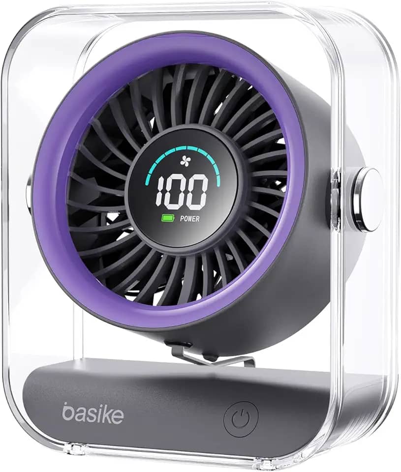 Basike Ventilador de Mesa Mini com Display Digital, 100 Níveis de Velocidade Portátil Bateria 5000mAh de 7h, Anjo Ajustável 60°, Silencioso para Casa, Escritório e Viagens (Roxo)