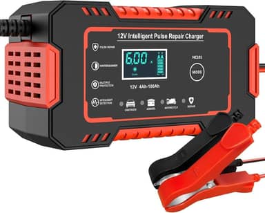 Carregador Inteligente para Bateria 12V com Display Digital informativo Para Carro - Função Reparo por Pulsos Automático (Vermelho)