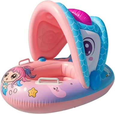 Boia Infantil Piscina Bebê Inflável com Assento Pezinho e Cobertura de Proteção para Crianças 6 Meses à 3 Anos Praia Verão
