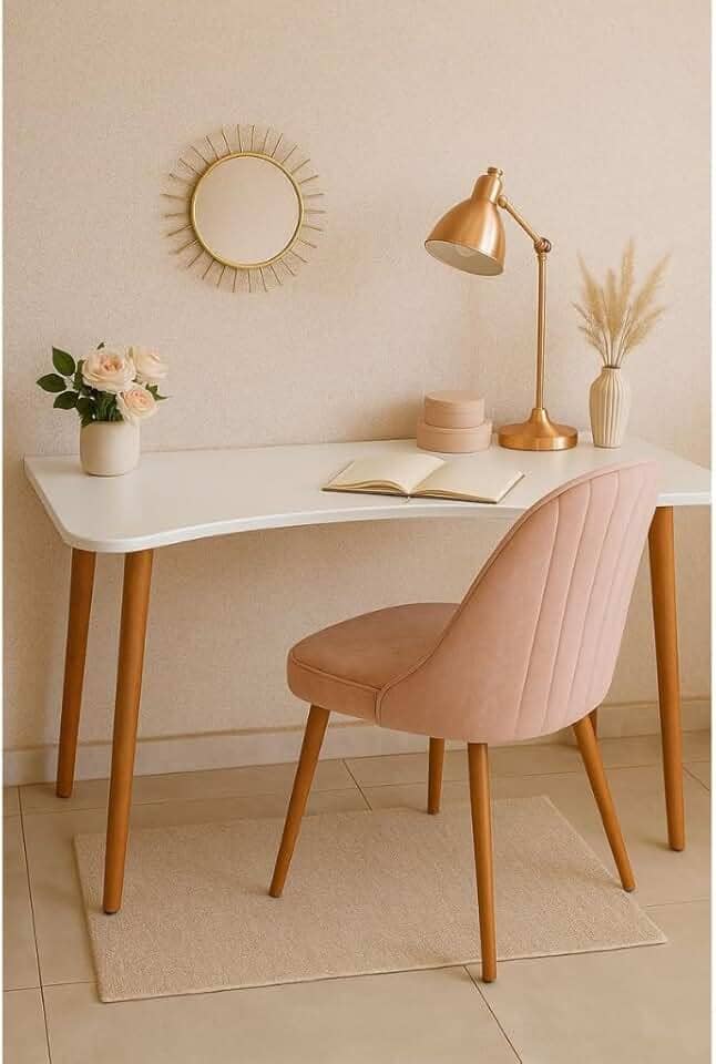 Escrivaninha MDF com Pés de Madeira, Mesa de Estudo Compacta para Home Office e Quarto(Off White)