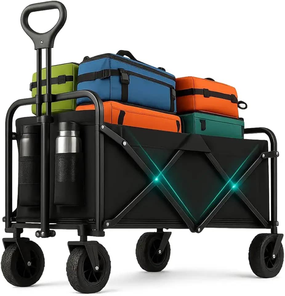 Carrinho Dobrável de Carga 100kg para Camping, Praia e Compras – Estrutura em Aço Inoxidável, Tecido Impermeável, Alça Ajustável e Rodas 360° – Compacto, Portátil e Fácil de Guardar