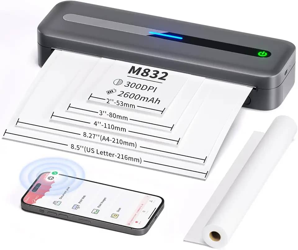 COLORWING Impressoras portáteis M832 sem fio para viagens, mini impressora compacta 300DPI sem tinta, impressora térmica Bluetooth compatível com smartphone Android e iOS, tablet e laptop - cinza