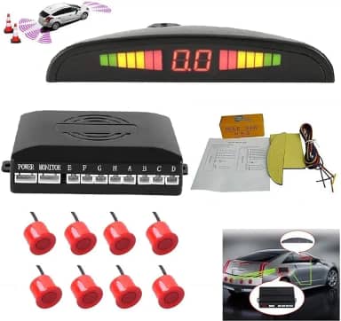 Sistema de radar de estacionamento reverso de carro 8 kit de sensores de ré com alarme frontal e traseiro lembrete de campainha LED exibição segura, sensor de estacionamento de carro, vermelho