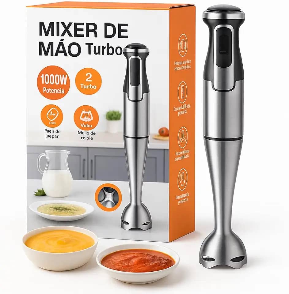 Mixer Portátil 1000W, Velocidade Ajustável com Função Turbo, Lâminas em Aço Inox, Controle Digital para Sopas, Molhos, Papinhas e Vitaminas, Design Ergonômico, Haste Removível, 110V