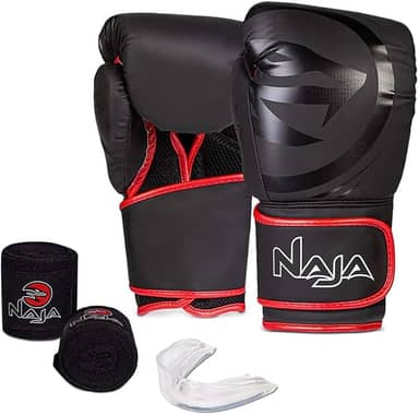 Luva de Boxe e Muay Thai Naja Black Line - 1 Par de luva + 1 Par de Bandagem Elástica + 1 Protetor Bucal