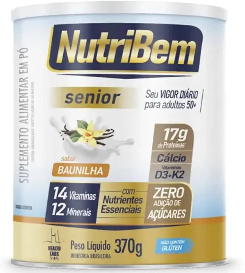 NutriBem Senior, Suplemento Alimentar em Pó Sabor Baunilha, 370g, com 17g Proteínas, Cálcio, Vitaminas, Zero Açúcar