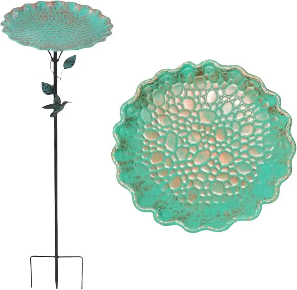 Shudyear Banheira de metal para pássaros ao ar livre de 81 cm, suporte para pássaros e alimentador de pássaros, lindo colorido ao ar livre, jardim, pátio, gramado, decoração de pássaros, tigela
