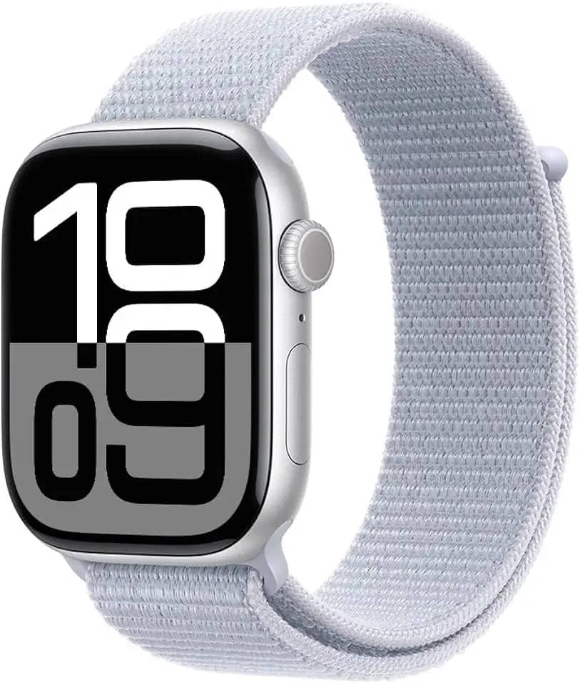 Apple Watch Series 10 GPS • Caixa prateada de alumínio – 46 mm • Pulseira loop esportiva nuvem azul